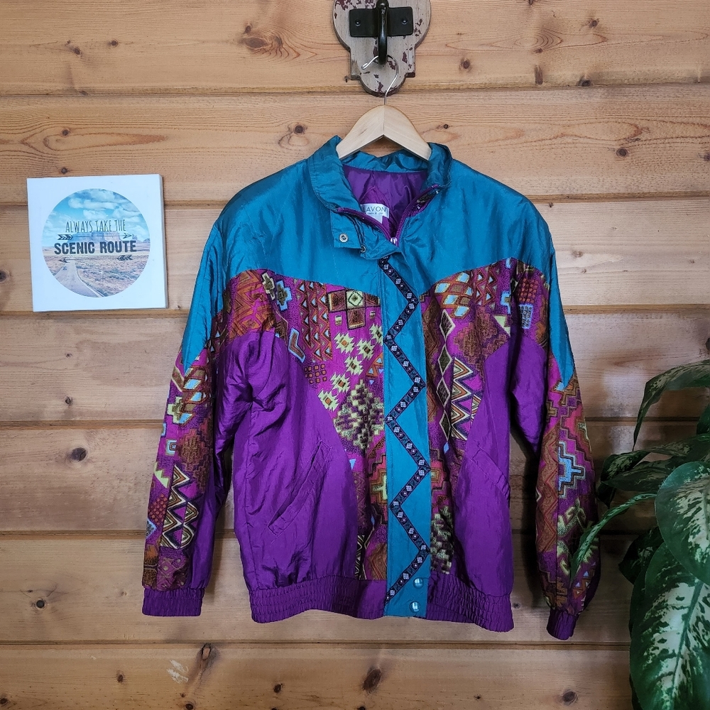 Lavon‎ 💜 Vintage Windbreaker Jacket 90s Retro Batik Southwest Elastic Trim Pads